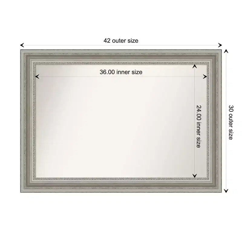 Specchio da parete rettangolare 42"x30" con cornice ornamentale spazzolata color argento e patina color peltro caldo
