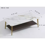 Tavolino rettangolare a 2 ripiani da 120 cm con piano in MDF effetto marmo e struttura in metallo dorato, Bianco/Oro