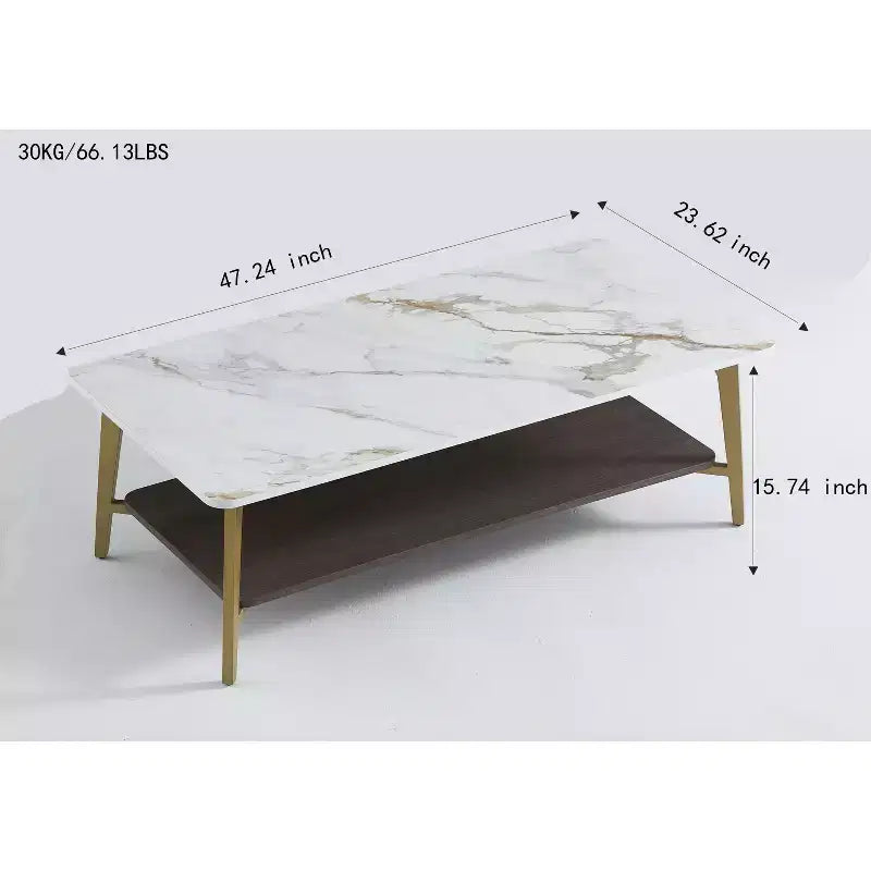 Tavolino rettangolare a 2 ripiani da 120 cm con piano in MDF effetto marmo e struttura in metallo dorato, Bianco/Oro