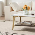 Tavolino rettangolare a 2 ripiani da 120 cm con piano in MDF effetto marmo e struttura in metallo dorato, Bianco/Oro