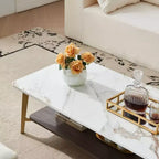 Tavolino rettangolare a 2 ripiani da 120 cm con piano in MDF effetto marmo e struttura in metallo dorato, Bianco/Oro