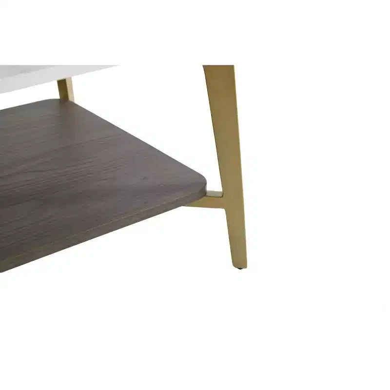 Tavolino rettangolare a 2 ripiani da 120 cm con piano in MDF effetto marmo e struttura in metallo dorato, Bianco/Oro