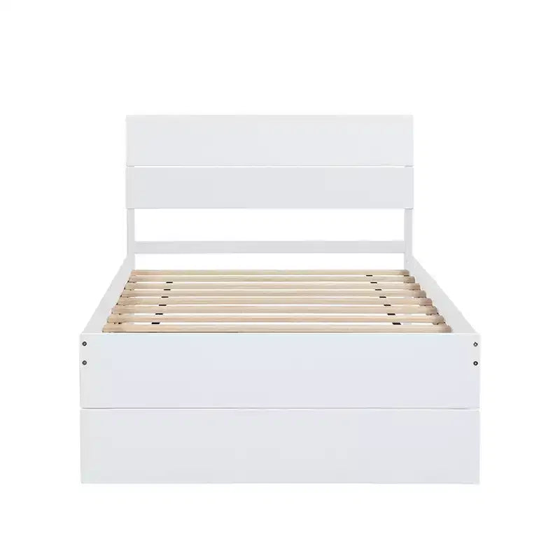 Modern Twin Platform Bed Frame con Trundle Twin, Testiera e Doghe in Legno, Senza Rete, Bianco