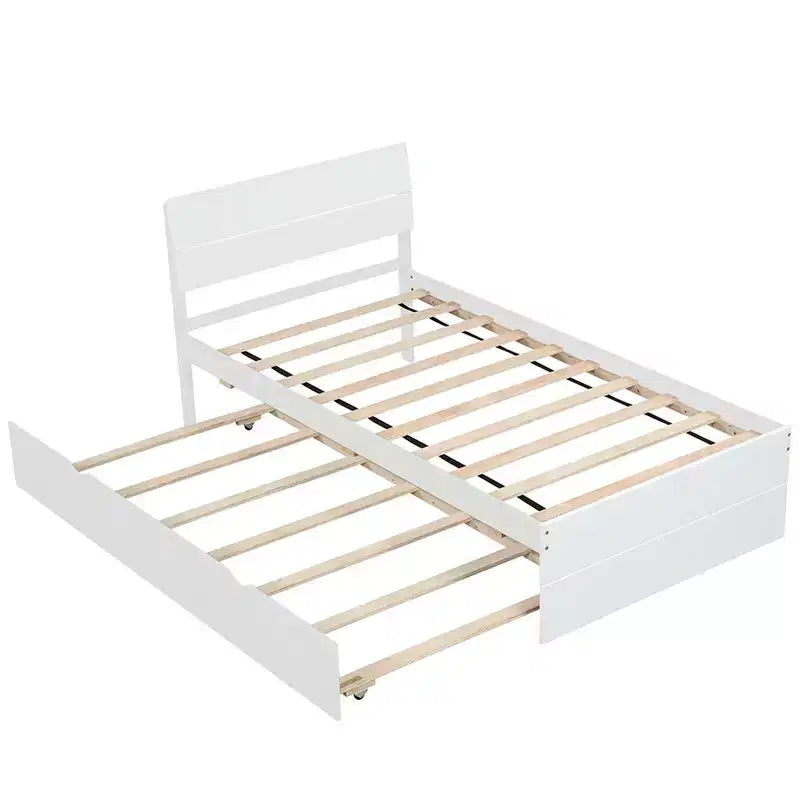 Modern Twin Platform Bed Frame con Trundle Twin, Testiera e Doghe in Legno, Senza Rete, Bianco