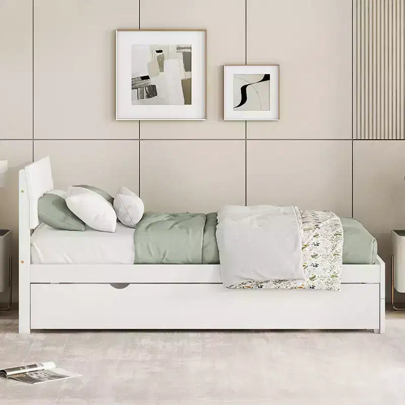 Modern Twin Platform Bed Frame con Trundle Twin, Testiera e Doghe in Legno, Senza Rete, Bianco
