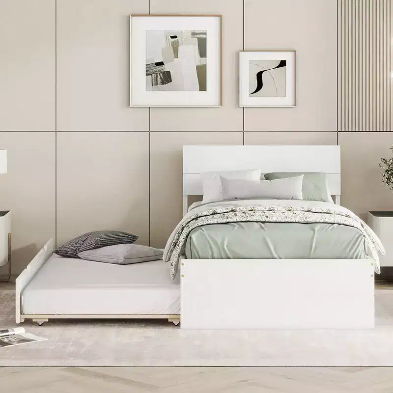 Modern Twin Platform Bed Frame con Trundle Twin, Testiera e Doghe in Legno, Senza Rete, Bianco