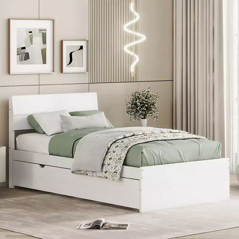 Modern Twin Platform Bed Frame con Trundle Twin, Testiera e Doghe in Legno, Senza Rete, Bianco
