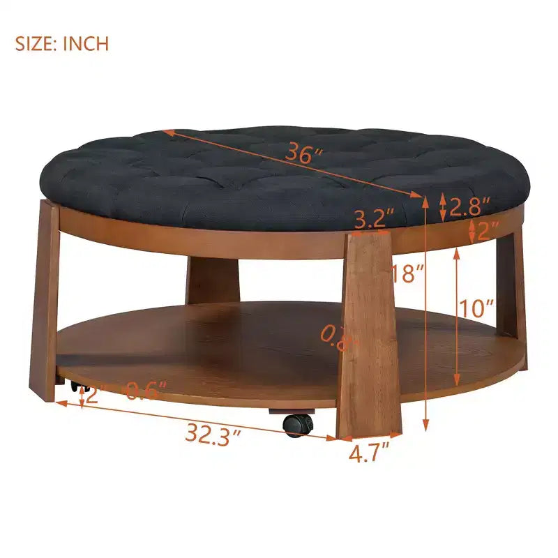 Ottoman/tavolino da caffè rotondo trapuntato in lino, oversized, 91 cm, a 2 livelli con base in legno di gomma