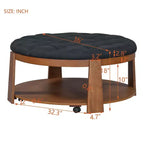 Ottoman/tavolino da caffè rotondo trapuntato in lino, oversized, 91 cm, a 2 livelli con base in legno di gomma