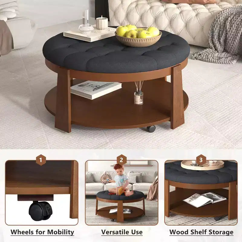 Ottoman/tavolino da caffè rotondo trapuntato in lino, oversized, 91 cm, a 2 livelli con base in legno di gomma