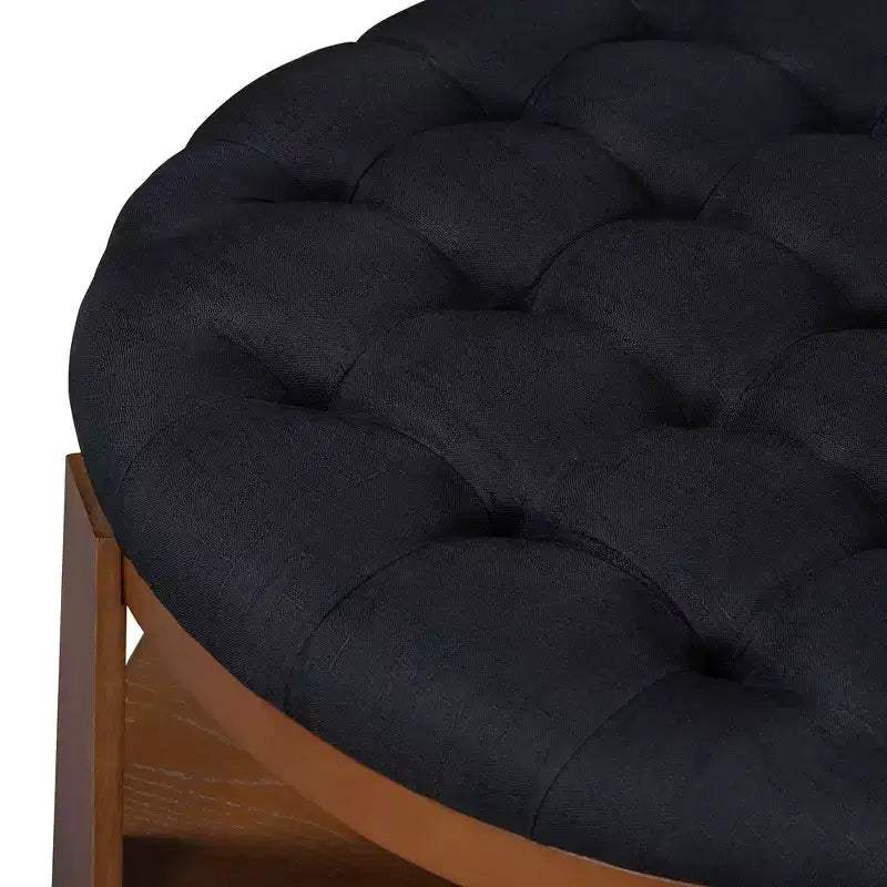 Ottoman/tavolino da caffè rotondo trapuntato in lino, oversized, 91 cm, a 2 livelli con base in legno di gomma