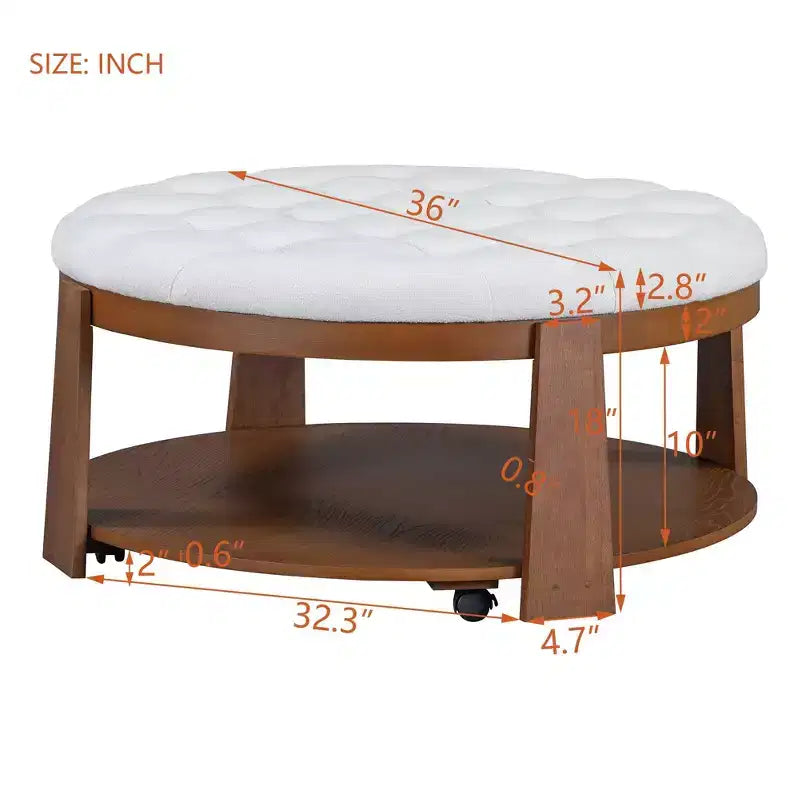 Ottoman/tavolino da caffè rotondo trapuntato in lino, oversized, 91 cm, a 2 livelli con base in legno di gomma
