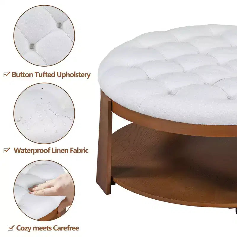 Ottoman/tavolino da caffè rotondo trapuntato in lino, oversized, 91 cm, a 2 livelli con base in legno di gomma
