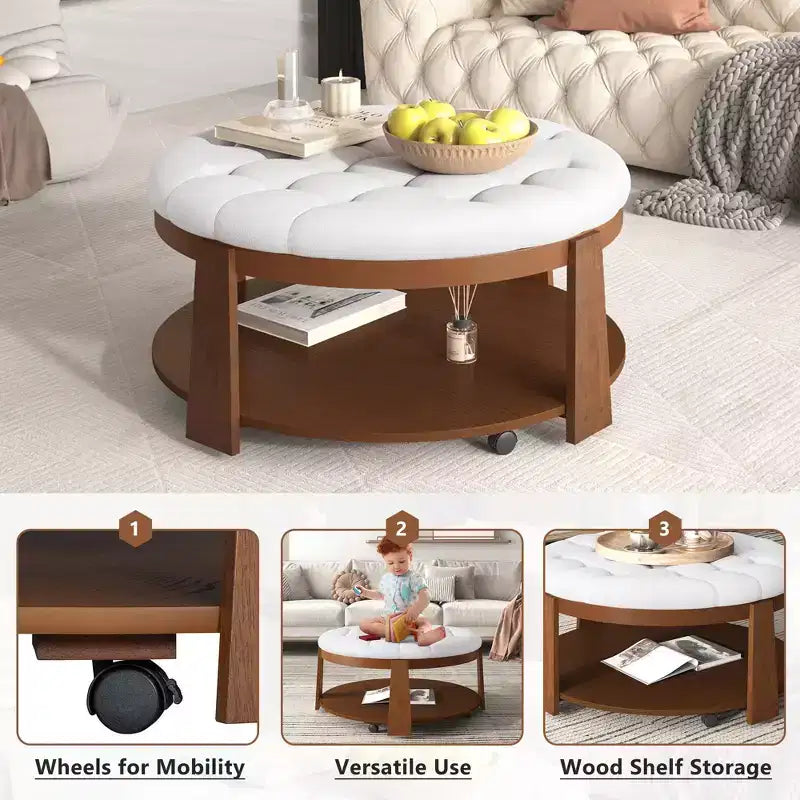 Ottoman/tavolino da caffè rotondo trapuntato in lino, oversized, 91 cm, a 2 livelli con base in legno di gomma