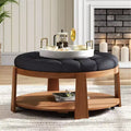 Ottoman/tavolino da caffè rotondo trapuntato in lino, oversized, 91 cm, a 2 livelli con base in legno di gomma