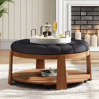 Ottoman/tavolino da caffè rotondo trapuntato in lino, oversized, 91 cm, a 2 livelli con base in legno di gomma