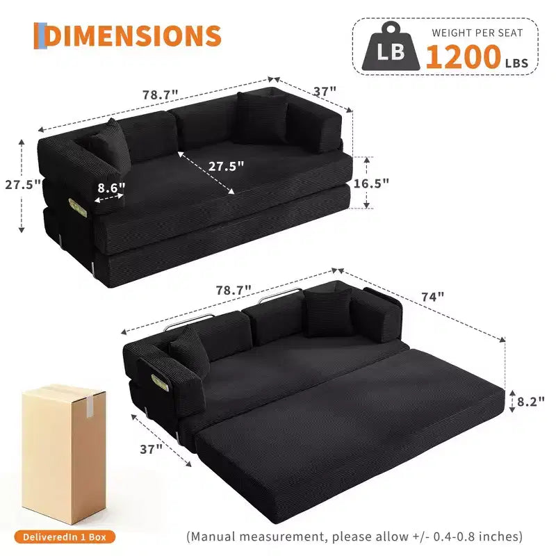 Chaise Longue Oversize in Corduroy da 199.9 cm con 2 Cuscini, Convertibile, per Soggiorno e Camera da Letto