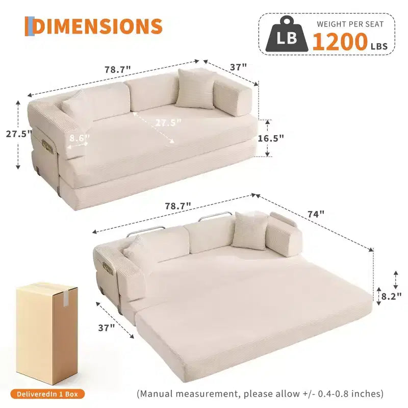 Chaise Longue Oversize in Corduroy da 199.9 cm con 2 Cuscini, Convertibile, per Soggiorno e Camera da Letto