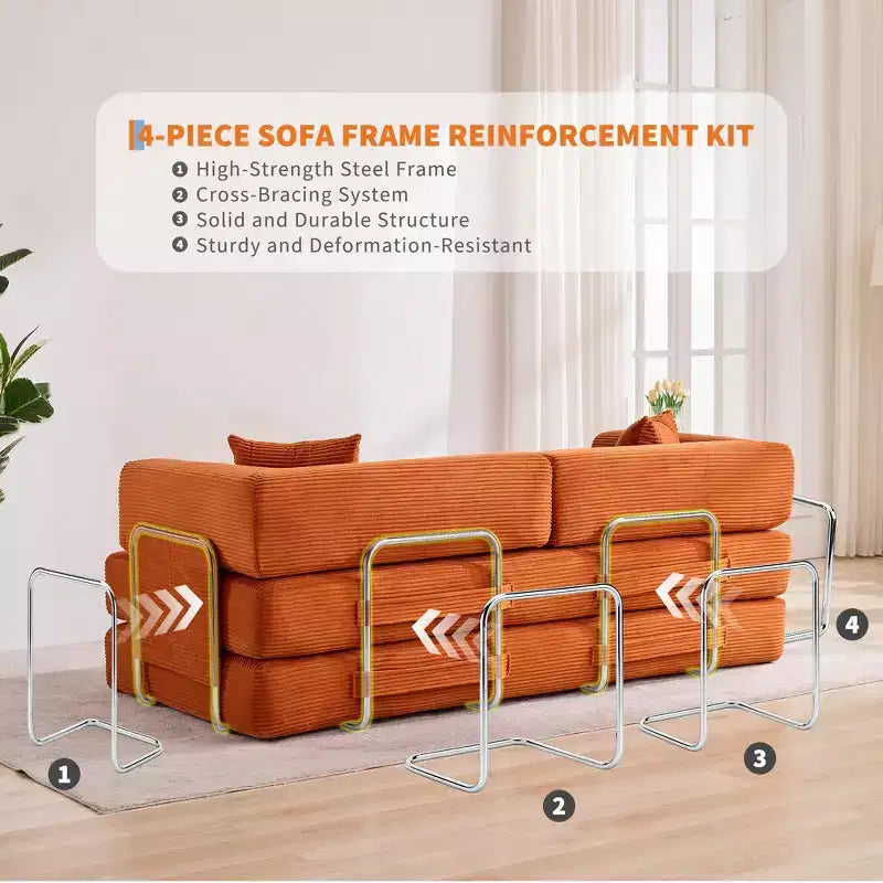 Chaise Longue Oversize in Corduroy da 199.9 cm con 2 Cuscini, Convertibile, per Soggiorno e Camera da Letto