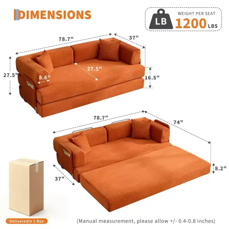 Chaise Longue Oversize in Corduroy da 199.9 cm con 2 Cuscini, Convertibile, per Soggiorno e Camera da Letto
