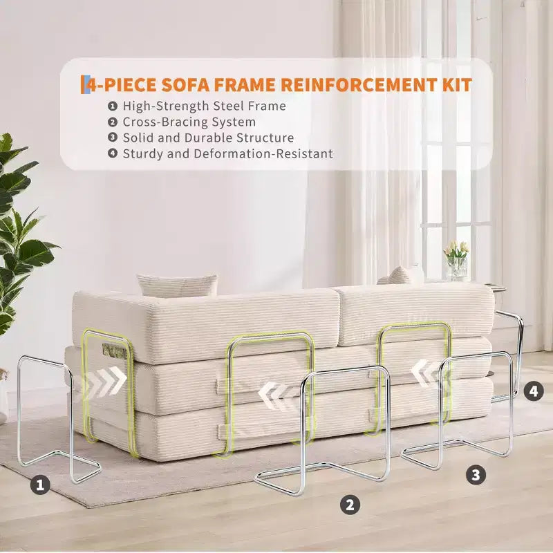 Chaise Longue Oversize in Corduroy da 199.9 cm con 2 Cuscini, Convertibile, per Soggiorno e Camera da Letto