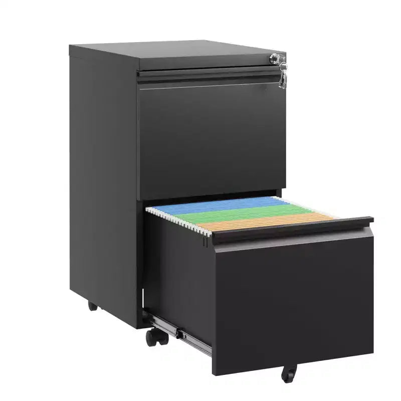 Faldone Metallico Mobile Bloccabile a 2 Cassetti con Ruote, Preassemblato, Nero, Adatto Sotto Scrivania