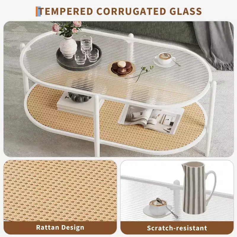 Tavolino da salotto ovale bohémien a 2 livelli in rattan con ripiano in vetro temperato e struttura in metallo