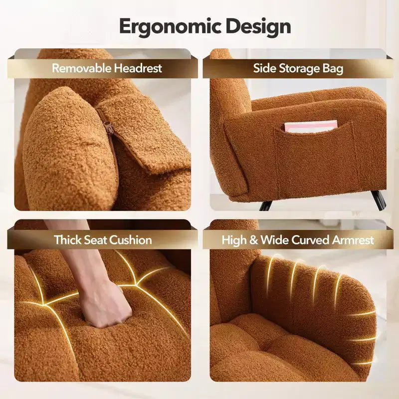 Poltrona a dondolo imbottita e morbida con tasca laterale e schienale ergonomico, capacità 113 kg, per interni