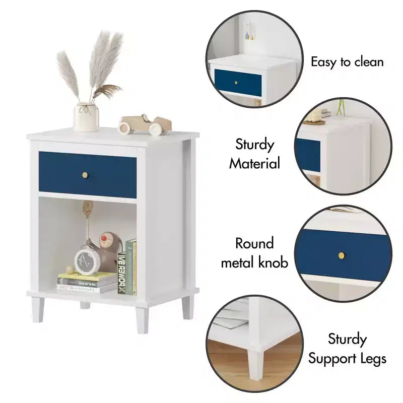 Comodino in legno bianco da 68 cm con cassetto e ripiano aperto, maniglie in metallo, per bambini e adulti