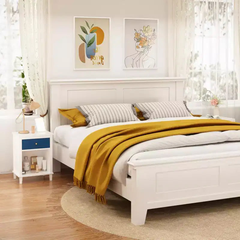 Comodino in legno bianco da 68 cm con cassetto e ripiano aperto, maniglie in metallo, per bambini e adulti