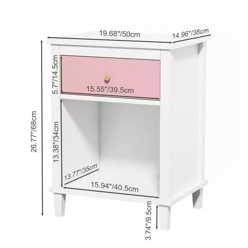 Comodino in legno bianco da 68 cm con cassetto e ripiano aperto, maniglie in metallo, per bambini e adulti