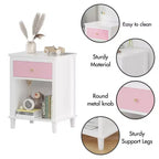Comodino in legno bianco da 68 cm con cassetto e ripiano aperto, maniglie in metallo, per bambini e adulti
