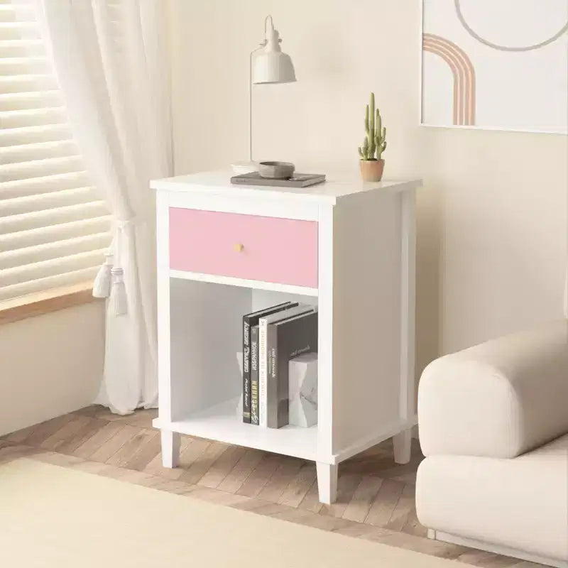 Comodino in legno bianco da 68 cm con cassetto e ripiano aperto, maniglie in metallo, per bambini e adulti
