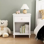 Comodino in legno bianco da 68 cm con cassetto e ripiano aperto, maniglie in metallo, per bambini e adulti