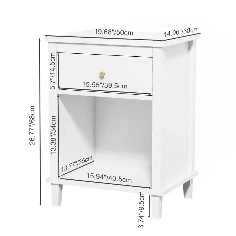 Comodino in legno bianco da 68 cm con cassetto e ripiano aperto, maniglie in metallo, per bambini e adulti