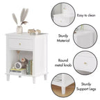 Comodino in legno bianco da 68 cm con cassetto e ripiano aperto, maniglie in metallo, per bambini e adulti