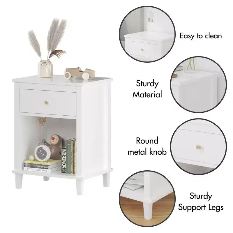 Comodino in legno bianco da 68 cm con cassetto e ripiano aperto, maniglie in metallo, per bambini e adulti