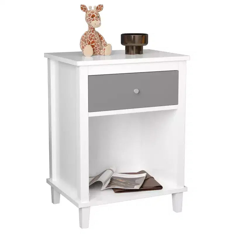 Comodino in legno bianco da 68 cm con cassetto e ripiano aperto, maniglie in metallo, per bambini e adulti