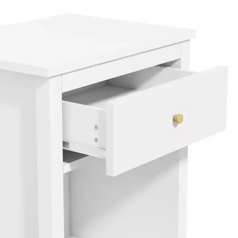 Comodino in legno bianco da 68 cm con cassetto e ripiano aperto, maniglie in metallo, per bambini e adulti