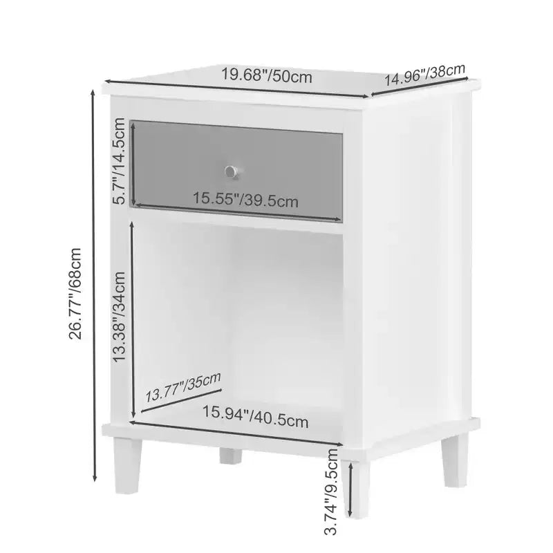 Comodino in legno bianco da 68 cm con cassetto e ripiano aperto, maniglie in metallo, per bambini e adulti