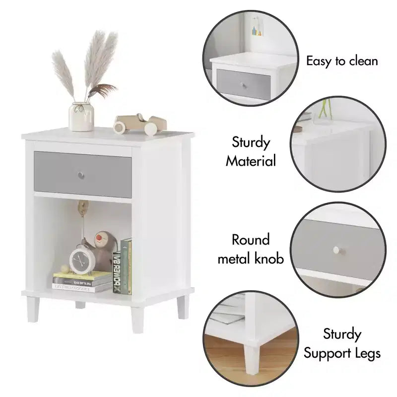 Comodino in legno bianco da 68 cm con cassetto e ripiano aperto, maniglie in metallo, per bambini e adulti