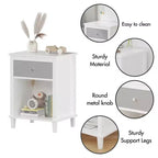 Comodino in legno bianco da 68 cm con cassetto e ripiano aperto, maniglie in metallo, per bambini e adulti