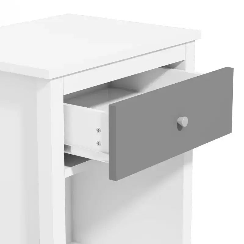 Comodino in legno bianco da 68 cm con cassetto e ripiano aperto, maniglie in metallo, per bambini e adulti