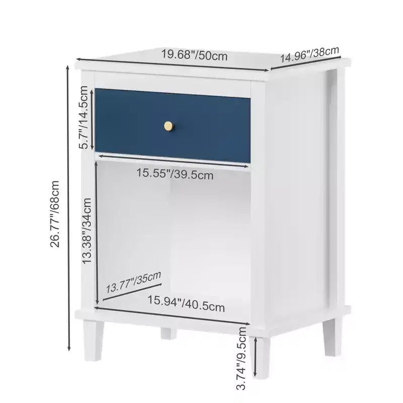 Comodino in legno bianco da 68 cm con cassetto e ripiano aperto, maniglie in metallo, per bambini e adulti