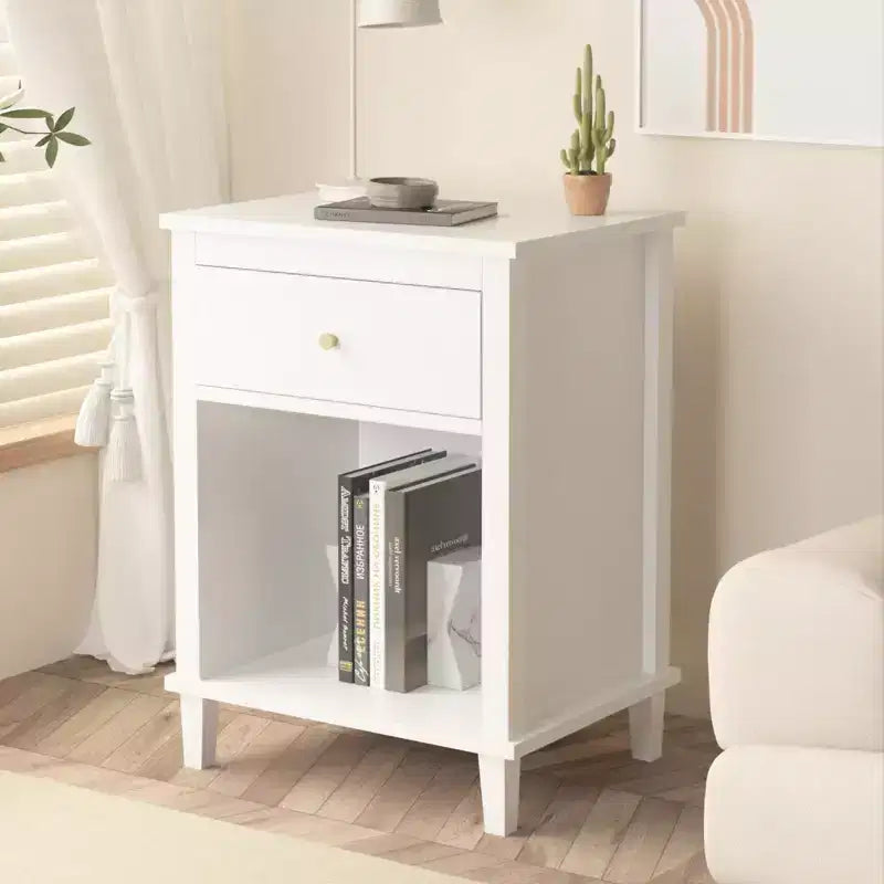 Comodino in legno bianco da 68 cm con cassetto e ripiano aperto, maniglie in metallo, per bambini e adulti