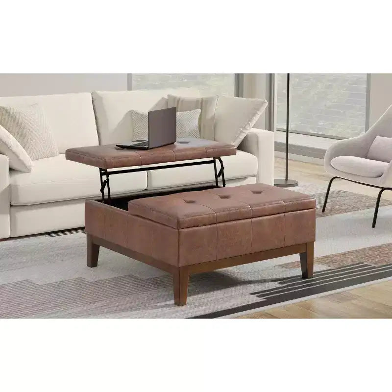 Pouf contenitore sollevabile in similpelle quadrata da 36" con piano diviso e 2 scomparti, marrone sella