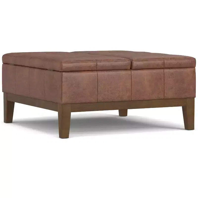 Pouf contenitore sollevabile in similpelle quadrata da 36" con piano diviso e 2 scomparti, marrone sella