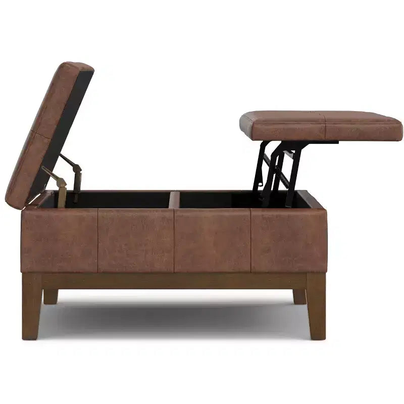 Pouf contenitore sollevabile in similpelle quadrata da 36" con piano diviso e 2 scomparti, marrone sella