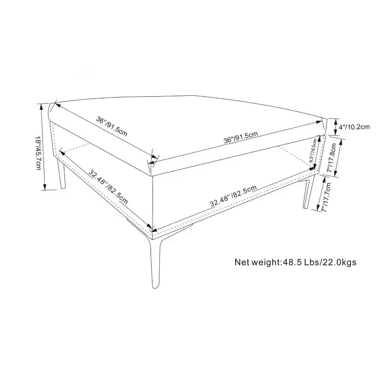 Tavolino contenitore ottomano quadrato da 91 cm con piano sollevabile, rivestimento in lino, struttura in pino, grigio