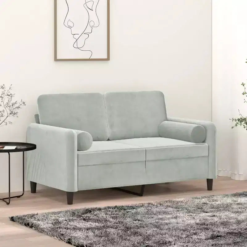 Divano a 2 posti in velluto con cuscini decorativi, grigio chiaro, larghezza seduta 119,9 cm, struttura in metallo